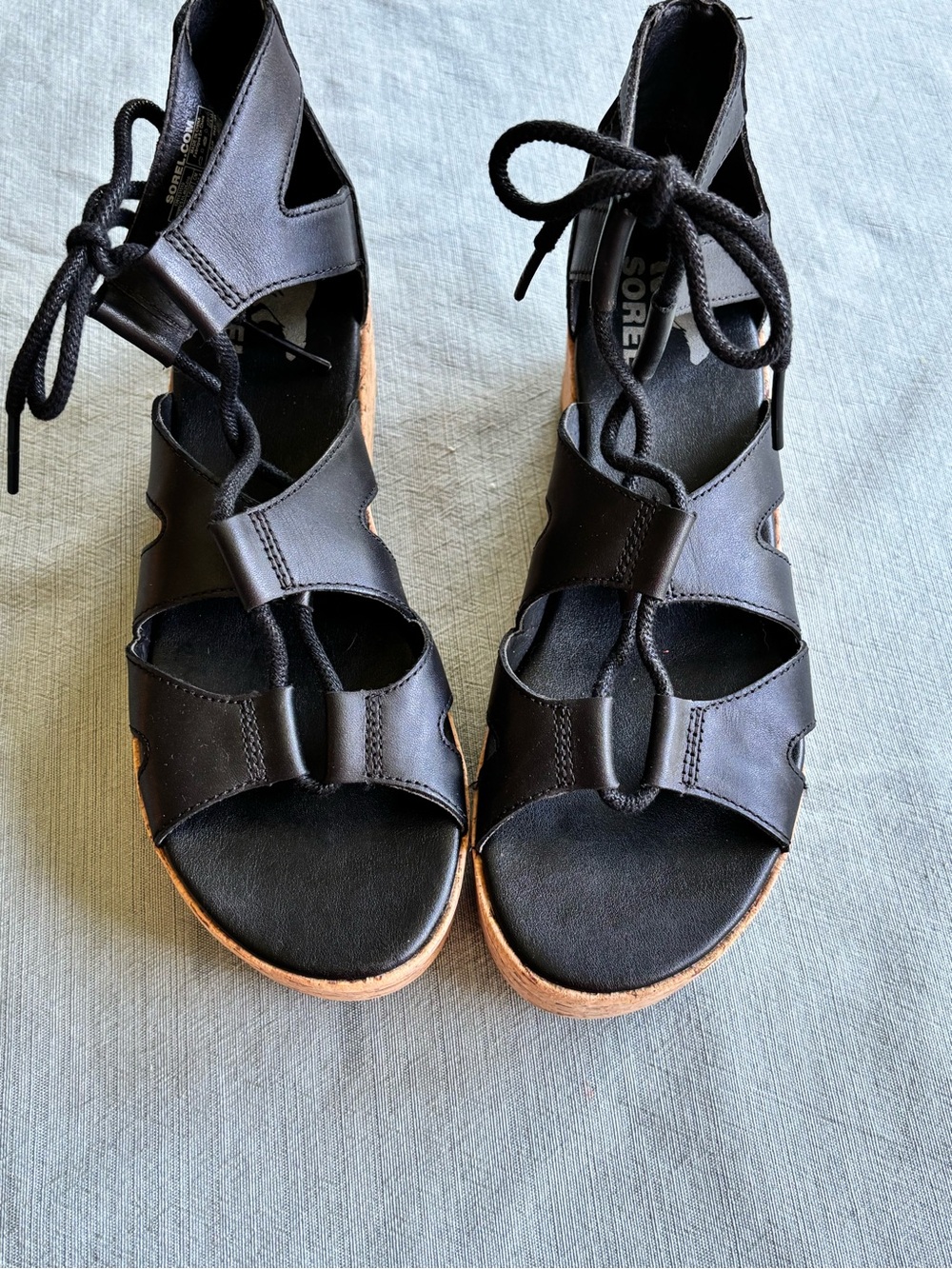 Sorel Black Lace-Up Cork Wedge Sandals - Picture 2 of 8
